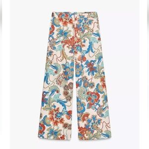 Zara Zw Collection Floral Flared-Leg High Rise Cotton Pants Sz-L